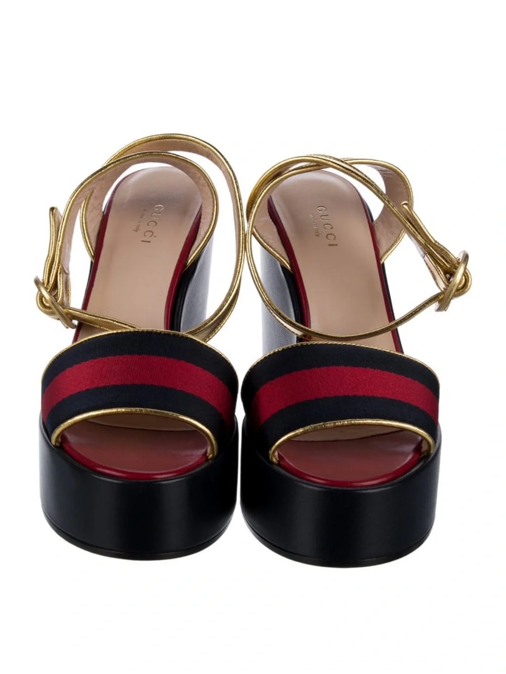 Gucci- NIB! Sylvie Web Platform Wedge Sandals w/ Gold Ankle Strap/Red Stripe- 7